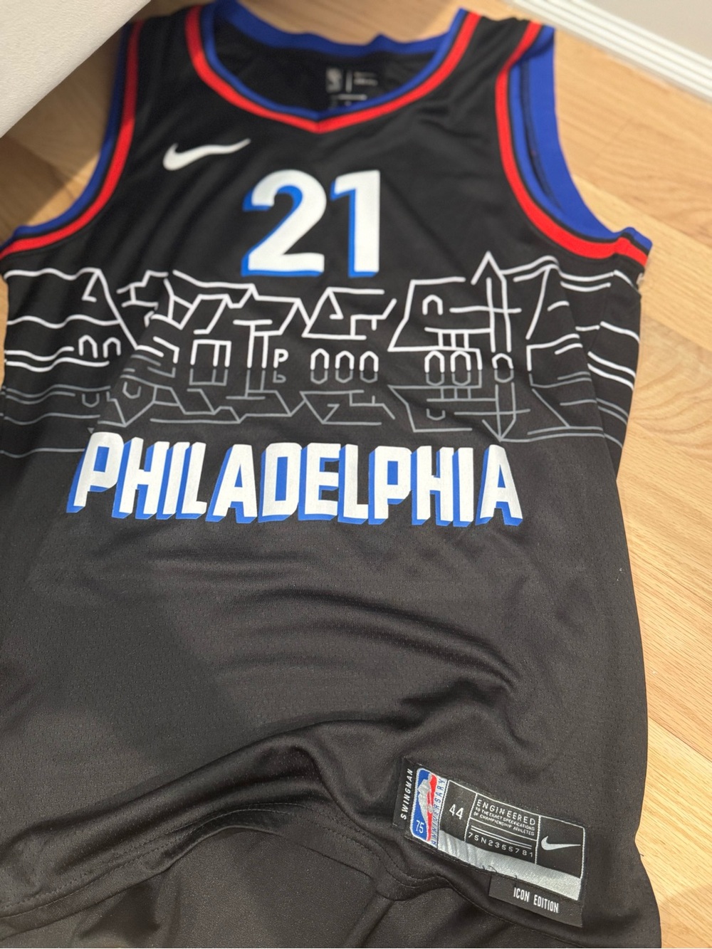 Real NBA ICON EDITION Nike Philadelphia 76ers #21 Black Blue Red Jersey